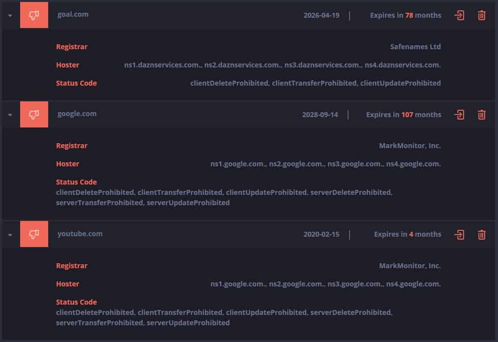 A list of domains complete with details