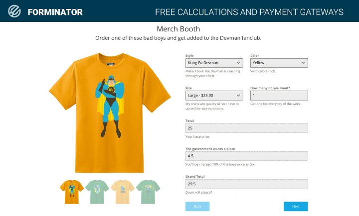 Forminator order form example