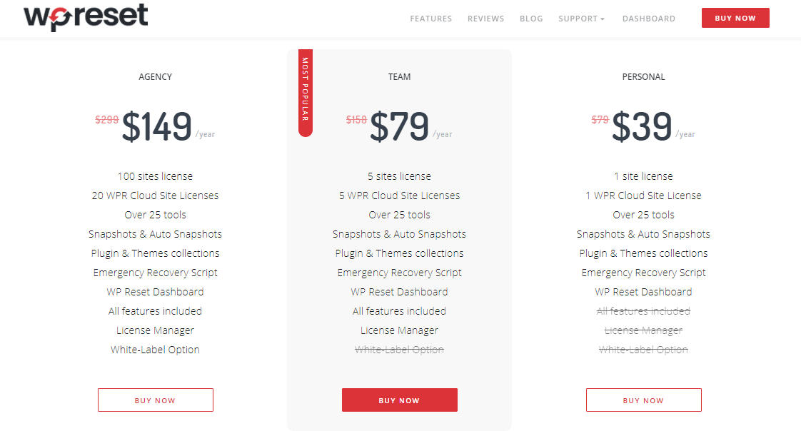 WP Reset pricing