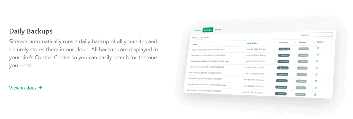 Siterack daily backups feature