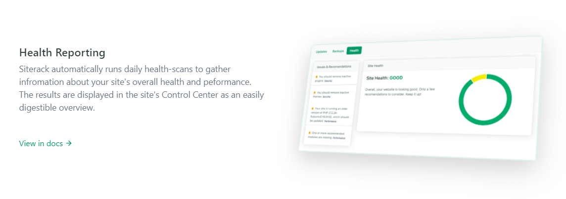 Siterack health reporting feature