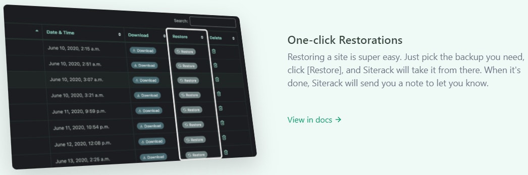 Siterack one-click restorations feature