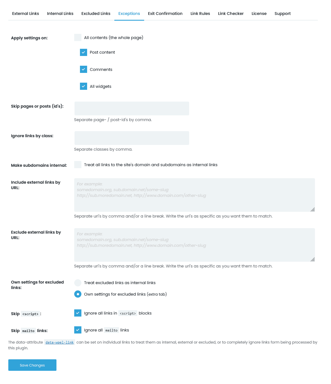 WP LInks Exceptions
