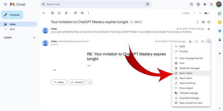 From the dropdown menu, select "Block [Sender’s Name].