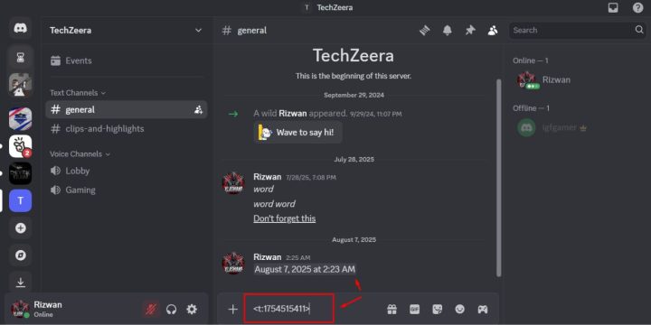 In Discord, write the tag like this: <t:1754515411>
