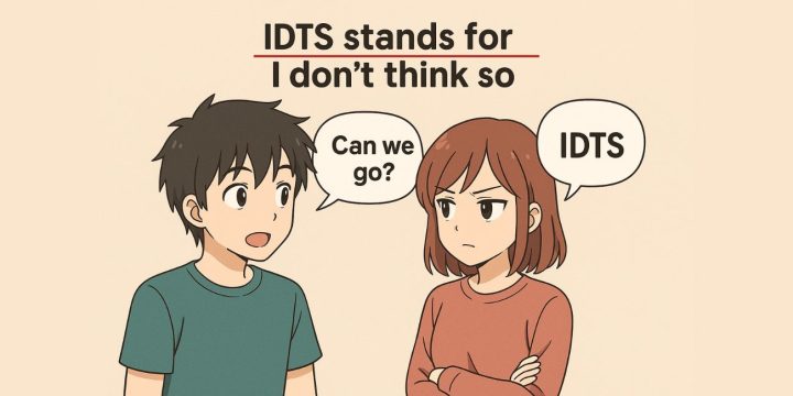 IDTS stands for I don’t think so. It is a short, direct way to say no. People use it when they want to disagree without sounding too strong.