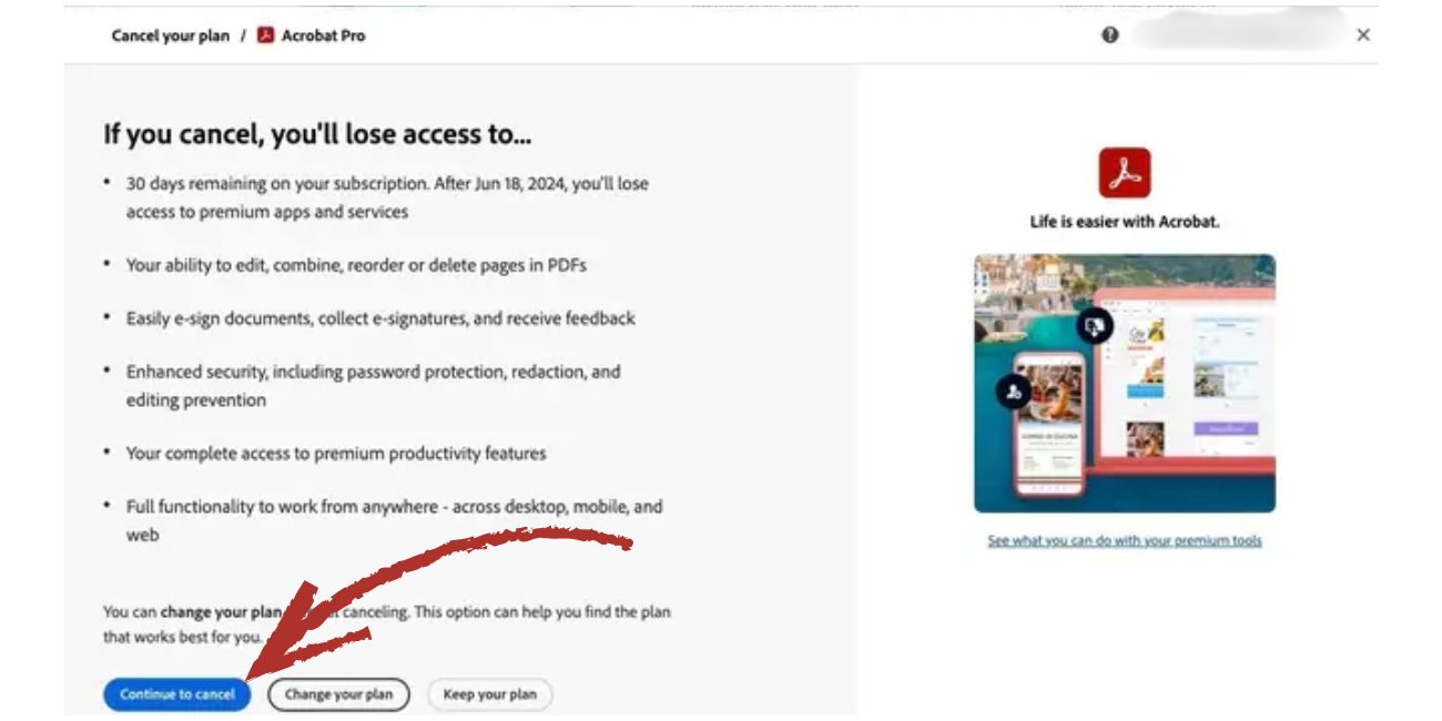 Confirm cancellation until Adobe shows a final confirmation message.