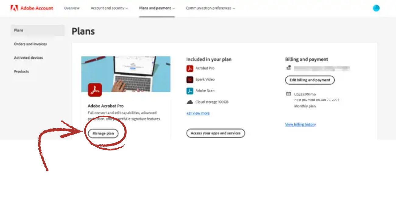 Select Manage Plan for the subscription you want to cancel.