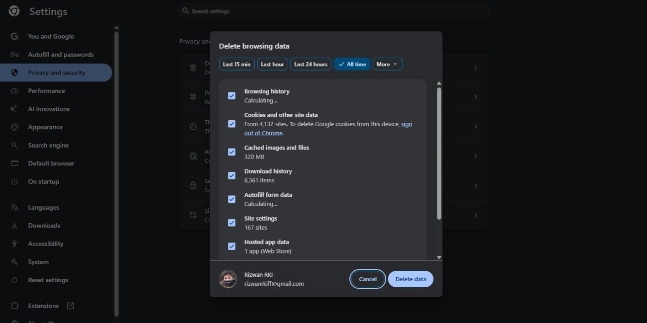 Clear Chrome cache and cookies