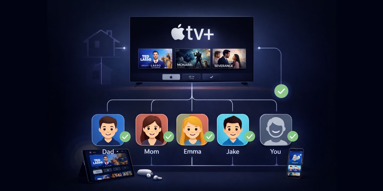 Diagram showing one Apple TV+ account shared across family profiles and devices in a connected household layout.