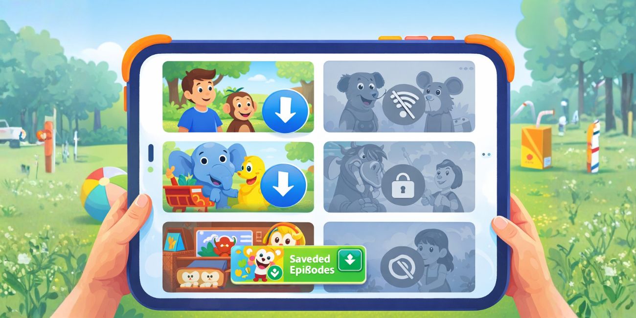 Colorful tablet screen showing kids video thumbnails with download icons, offline symbols, and some unavailable episodes.