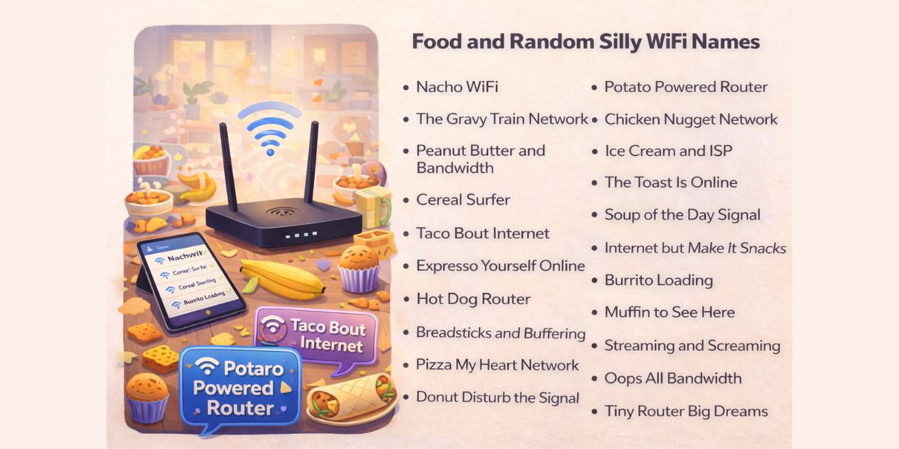 Split design with a WiFi router and snacks on one side, and a two-column list of funny food-themed WiFi names.