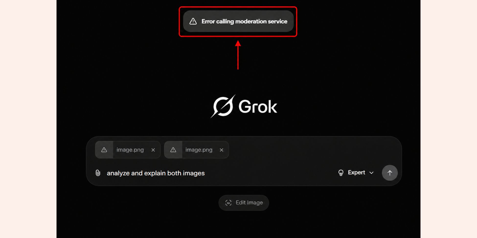 Grok interface showing a red-highlighted “Error calling moderation service” message above an image analysis prompt.
