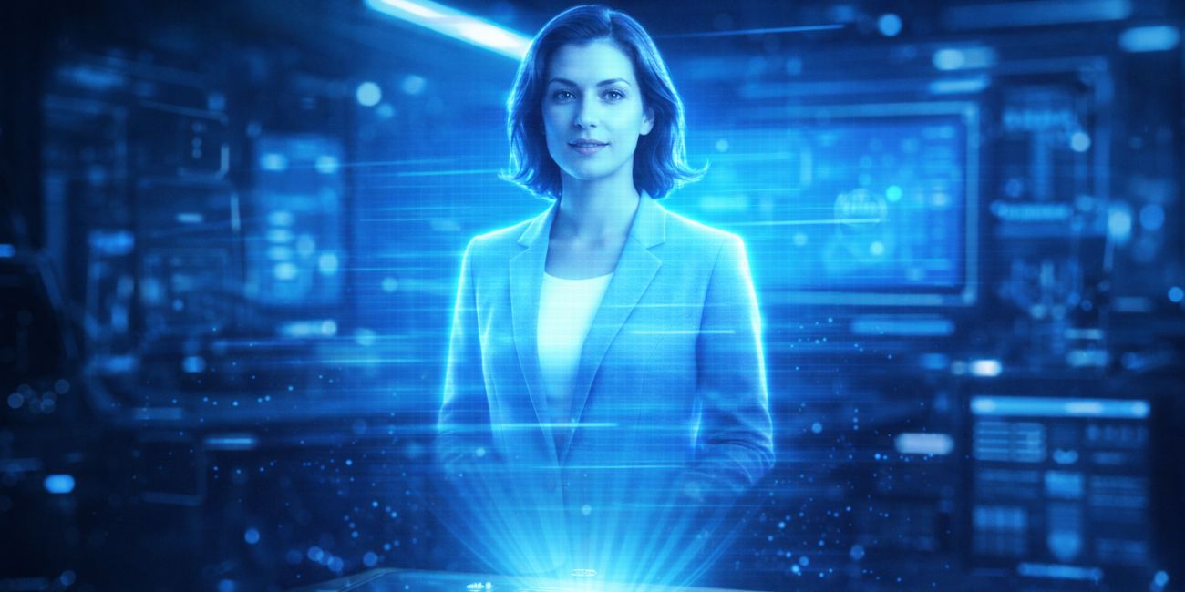 Blue hologram-style AI avatar projected above a smartphone in a futuristic workspace with glowing scan-line effects.