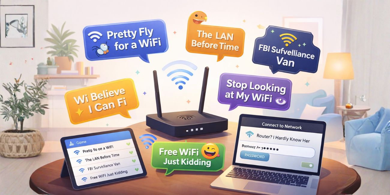 Playful illustration of a home WiFi router with funny network name cards, a laptop, and a tablet.