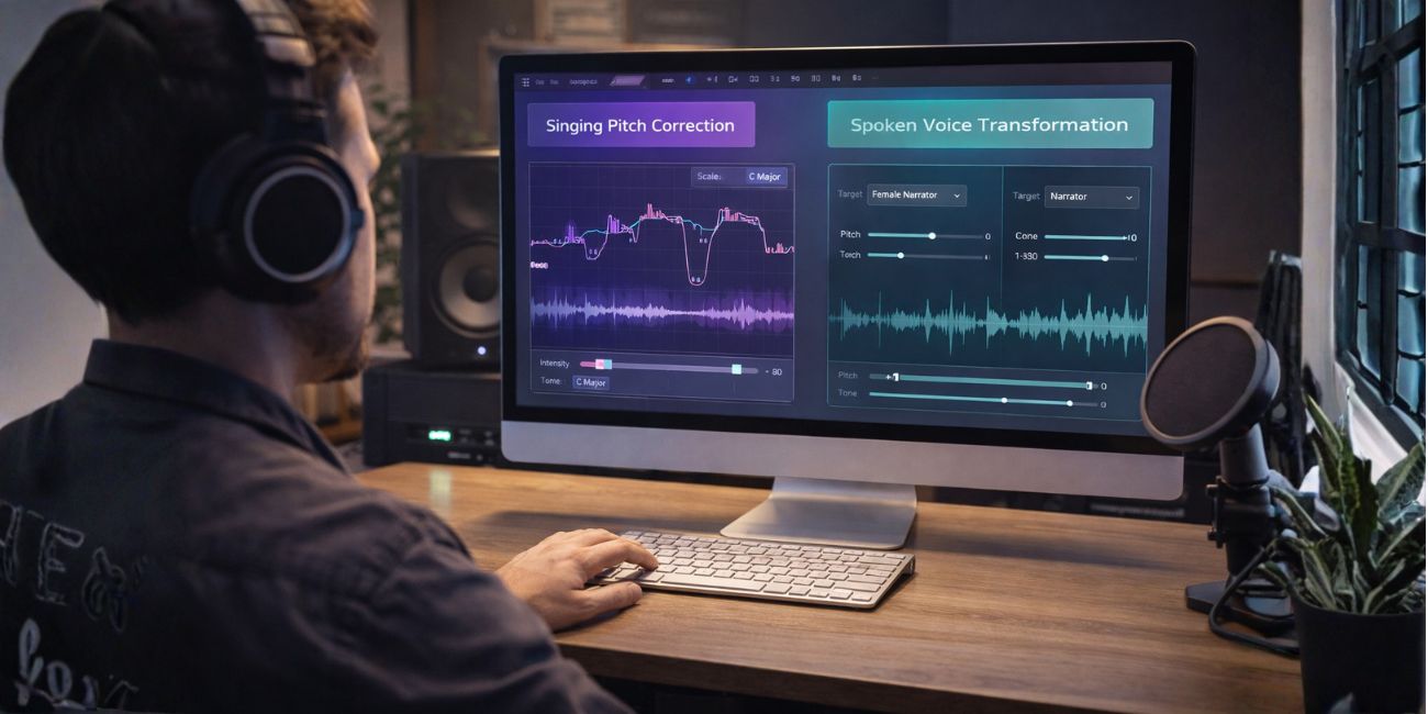 Audio creator editing AI voice software with vocal waveform, pitch controls, and speech-versus-singing tools on screen.