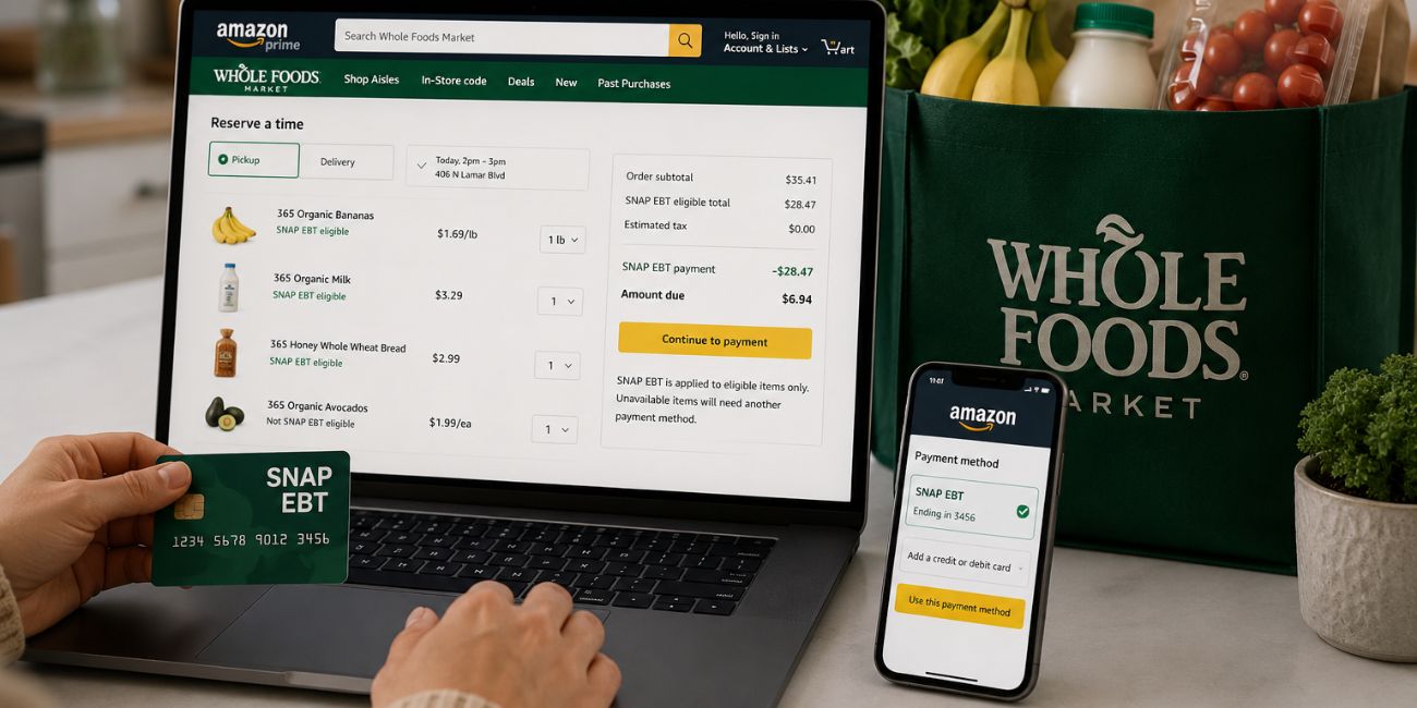 Using SNAP EBT online for Whole Foods grocery delivery and pickup orders through Amazon on laptop and mobile app
