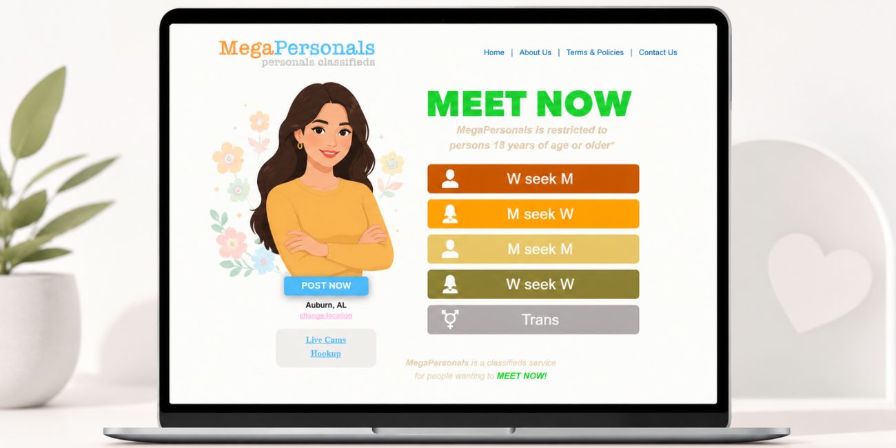 MegaPersonals.eu homepage shown on a laptop screen with personal classified category buttons